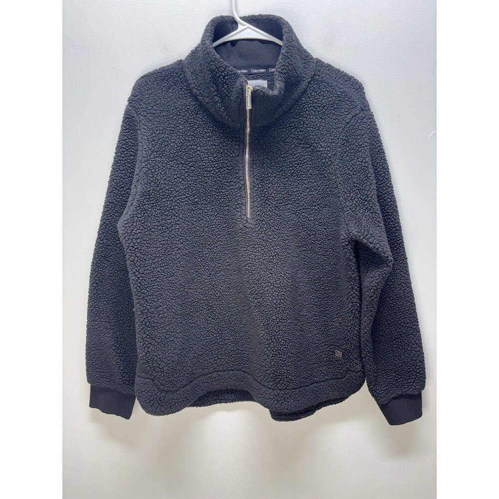 Calvin Klein Women’s  Quarter Zip Fuzzy Sherpa Fleece Jacket Sweater Black L